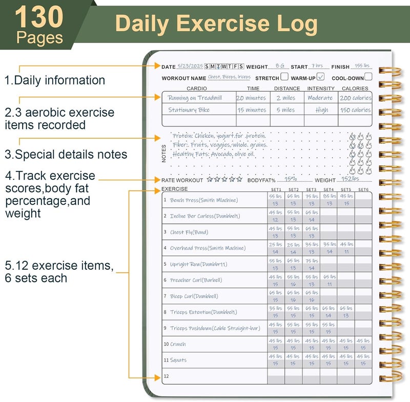 Guirnd Undated Fitness Workout Journal for Men & Women, A5(8.5" x 6.7") Fitness Journal Workout Planner, Workout Log Book Planner for Tracking, Motivating, and Achieving Your Fitness Goals - Green - Image 5